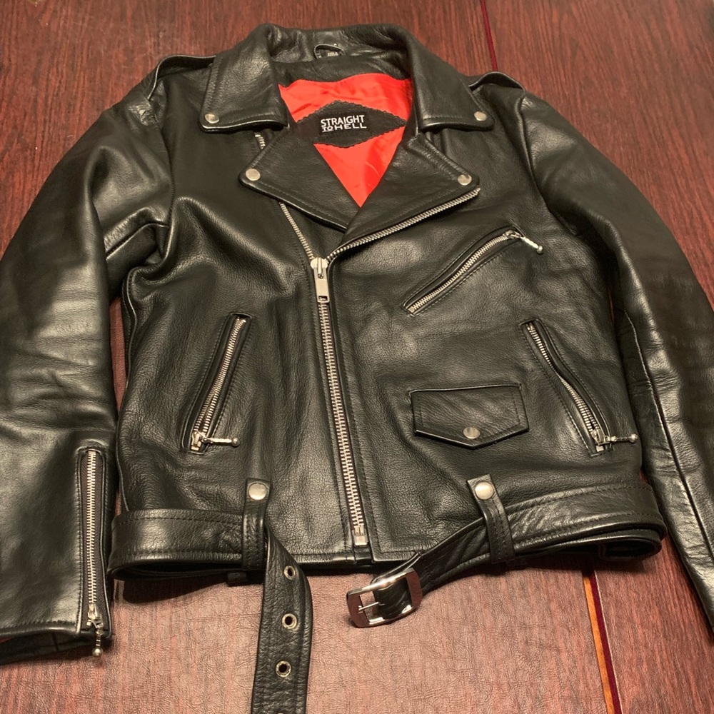 Straight To Hell Commando Lightweight Black Red 38S Leather Biker Jacket Short